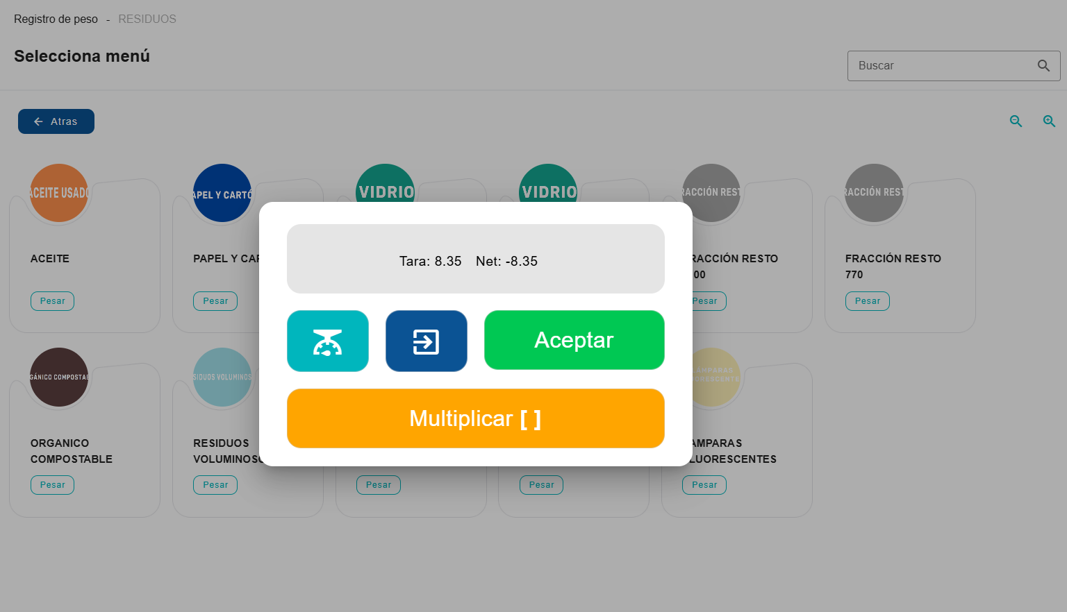 Pantalla del software Effitrack: registro de peso por tipo de residuo